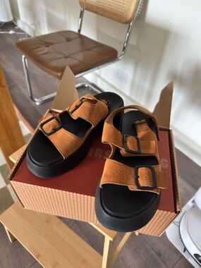 Camper Tan Suede Double Buckle Platform Sandals